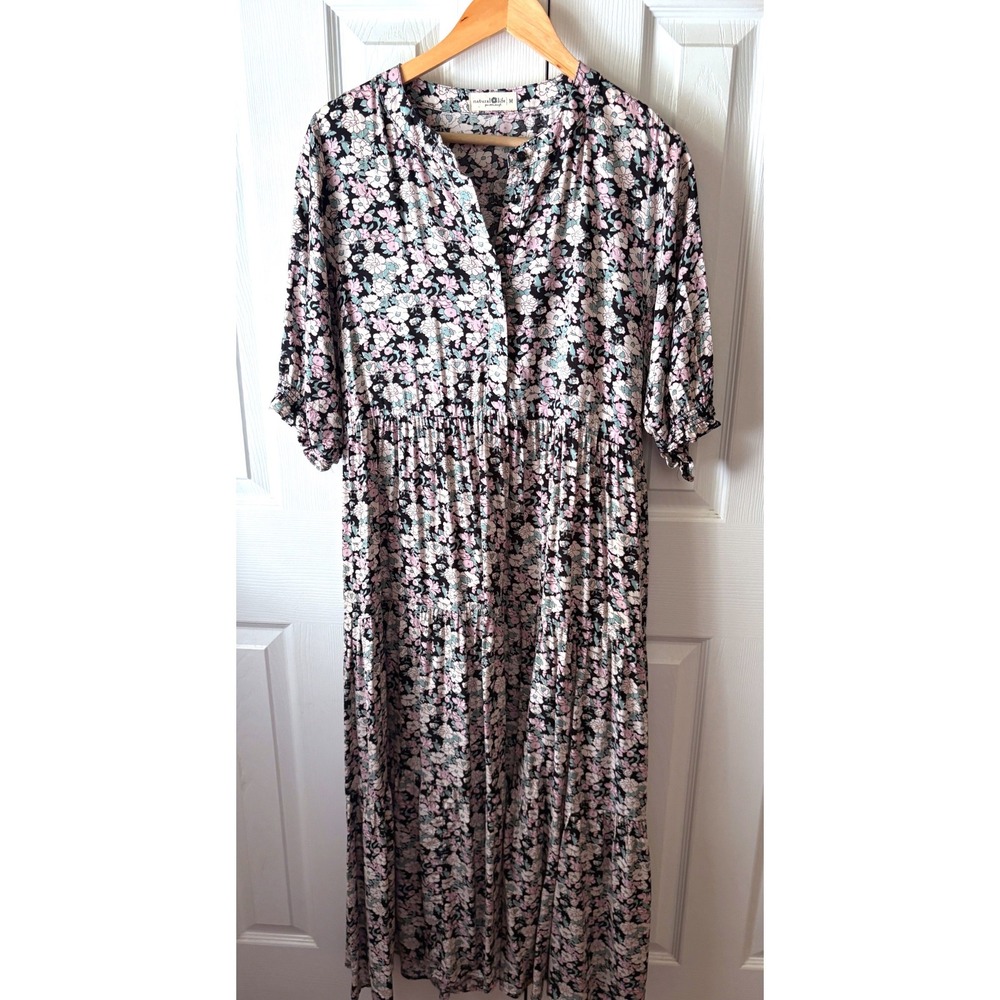 natural life Black Pink Floral Smocked Cuff
Prairie Boho Cottagecore Maxi DressM